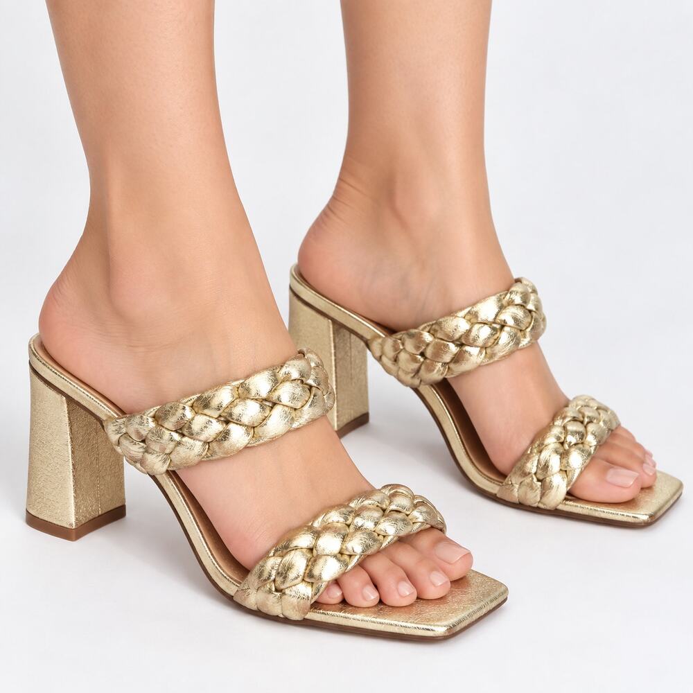 Sincerely Jules Iris Braided Strap Sandals Open Square Toe Block Heels Gold